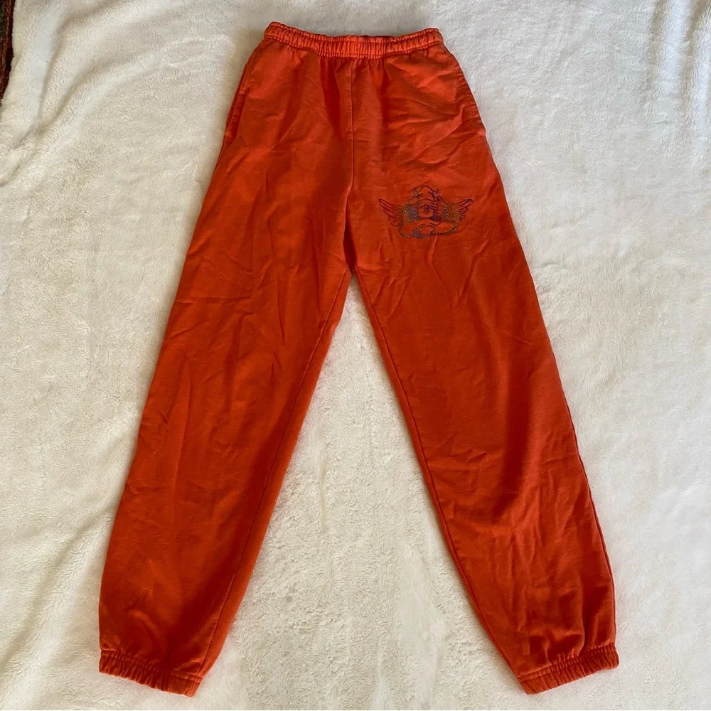 1-800-BOYS-LIE Orange 100% Cotton Sweatpants w/ Rainbow Angel Sequin Bling M - Picture 8 of 15